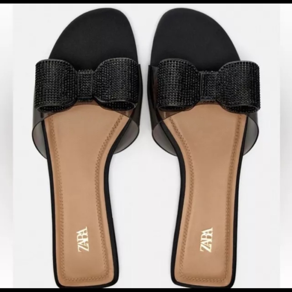 Zara Black Embellished Diamond Bow Sandals Flat Sandals Size 7.5